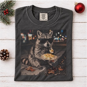 May include: A charcoal gray t-shirt with a Comfort Colors label at the neck. The graphic features a raccoon wearing black sunglasses, sitting on a curb at night, and holding a small plate of deviled eggs with one piece in its paw.