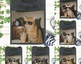 Custom 50+ Cat Breeds Drinking Iced Coffee Shirt, Vintage Edgy Cat Meme Sweatshirt, Hoodie Gift for Cat Lovers