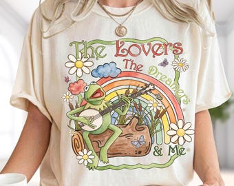 The Lovers The Dreamers & Me Shirt, Boho Kermit Frog Banjo Tee, Retro Flower Rainbow Sweatshirt, Vintage Hippie Hoodie