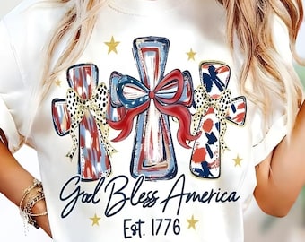 God Bless America T-Shirt, Patriotic Cross Distressed Flag Tee