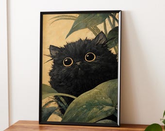 Poster Chat noir avec plante - Art mural vintage amusant