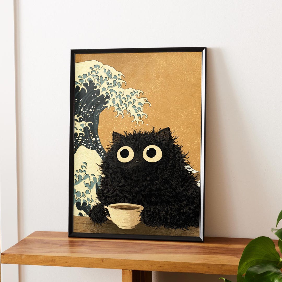 Japanese Black Cat Coffee Wave Poster – Funny Vintage Room Wall Art - Etsy