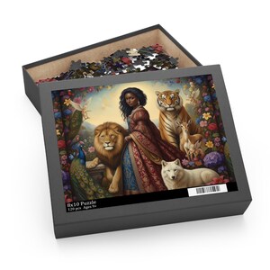 May include: A 8x10 inch puzzle box with a fantasy illustration. The artwork features a woman in a red and blue gown, surrounded by a lion, tiger, deer, wolf, and peacock. The box contains 120 pieces and is for ages 9+.