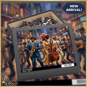 May include: A 11x14 inch puzzle box with a jazz band illustration. The box is open, revealing puzzle pieces. The artwork depicts musicians in suits, playing instruments on a city street. The box reads "NEW ARRIVAL!" and "11x14 Puzzle 252 pcs. Ages 9+".