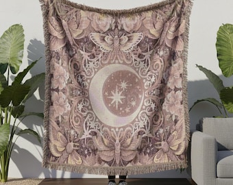 Crescent Moon Moth Boho Celestial Woven Blanket | Tapestry Throw