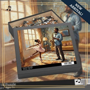 May include: A 11x14 inch puzzle box with a completed image of a ballerina and a man playing a saxophone. The ballerina is wearing a pink tutu. The box is open, revealing puzzle pieces. The text "NEW ARRIVAL!" is visible.