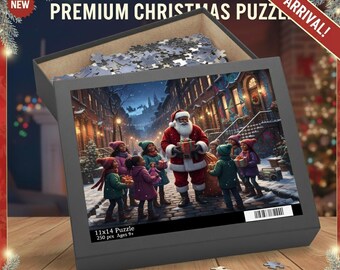 Könnte beinhalten: Ein Weihnachts-Puzzle in einer grauen Box. Das Bild zeigt den Weihnachtsmann, der Kindern auf einer verschneiten Straße Geschenke gibt. Die Box ist mit "Premium Christmas Puzzle" und "Arrival!" beschriftet. Das Puzzle ist 28x36 cm groß und enthält 250 Teile.