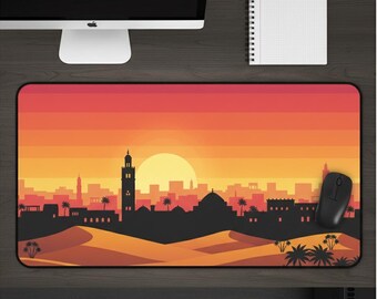Desert Sunset Cityscape Desk Mat | Moroccan Skyline Mouse Pad