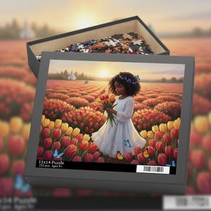 May include: A puzzle box with a completed image of a young person in a white dress holding tulips in a field of red and yellow tulips. The puzzle box is gray and has the text "11x14 Puzzle 252 pcs Ages 9+".