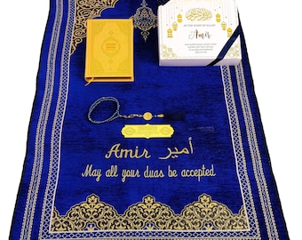 Personalized Prayer Mat Gift Set: English Translation Quran-Bookmark, Tasbeeh, Ramadan, Eid, Muslim Fathers Gifts