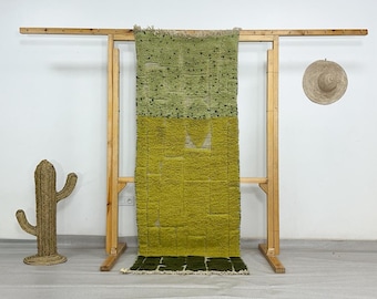 Handmade Green Moroccan Runner Rug, Abstract Wool Shag Carpet