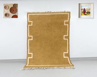 Handwoven Moroccan Wool Rug, Camel Berber Rug with Cream Border