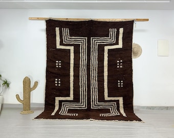 Handwoven Brown & Cream Wool Rug: Moroccan Tribal Design