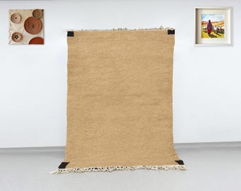 Handmade Camel Beni Ourain Rug, Berber Wool Carpet, Black Corner Accents