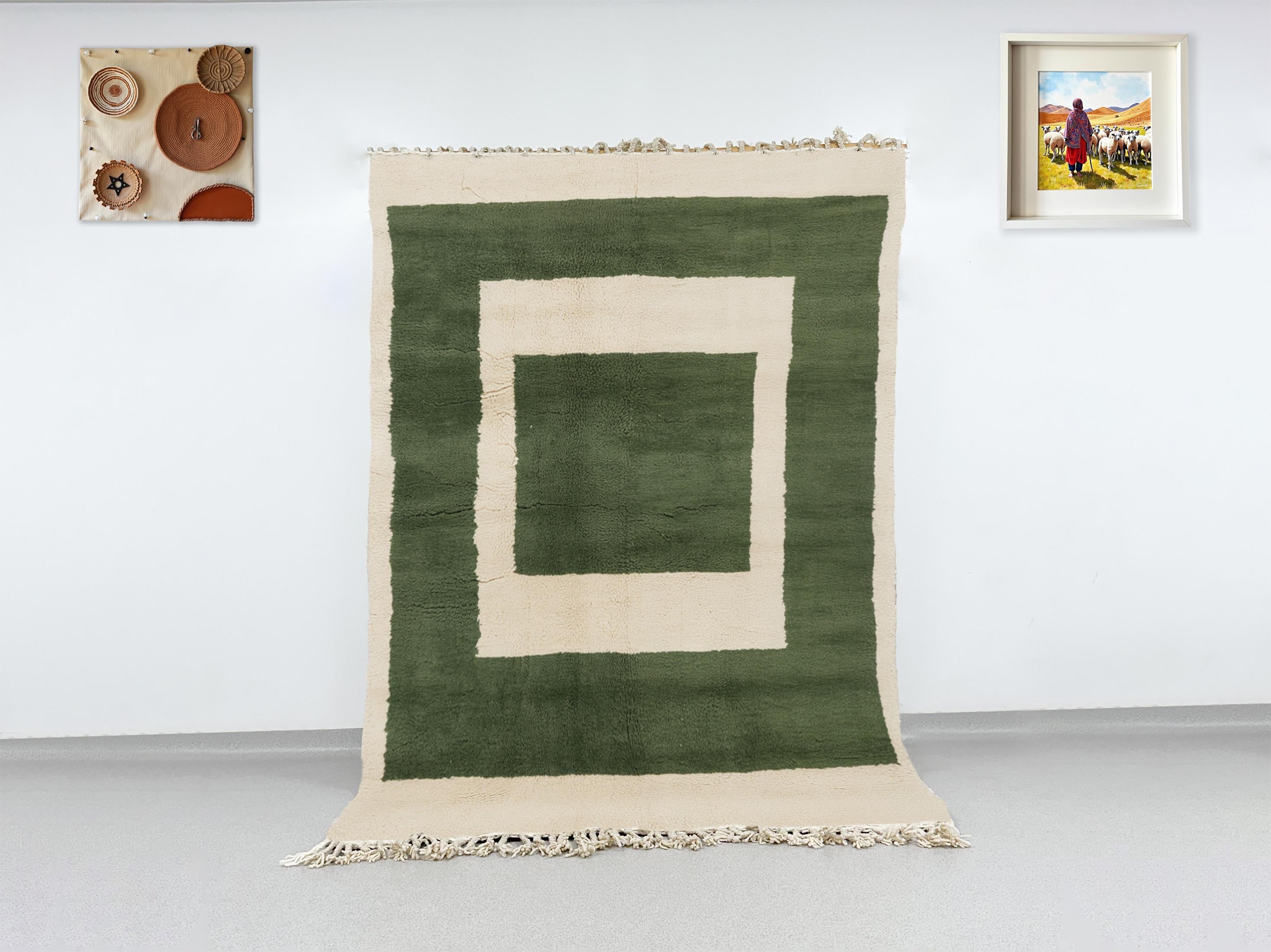Handmade Beni Ourain Rug, Green Geometric Squares, Moroccan Shag