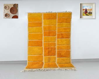 Yellow Orange Moroccan Rug Geometric Color Block Handwoven Berber Wool Carpet Shag Area Rug Modern Boho Decor