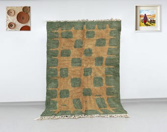 Alfombra bereber verde salvia: Beni Ourain de lana marroquí tejida a mano, cuadrícula geométrica