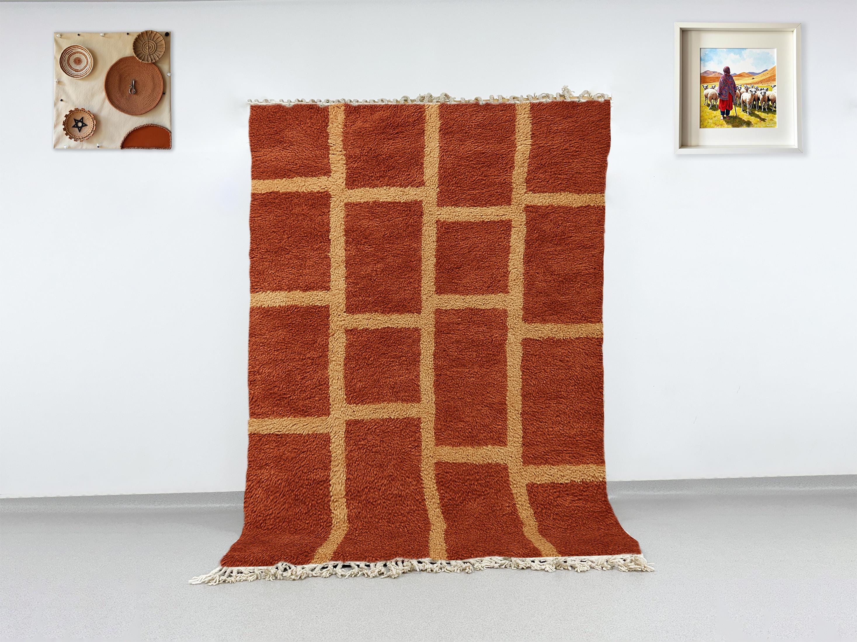Rust Terracotta Windowpane Wool Rug, Organic Modern Grid, Custom