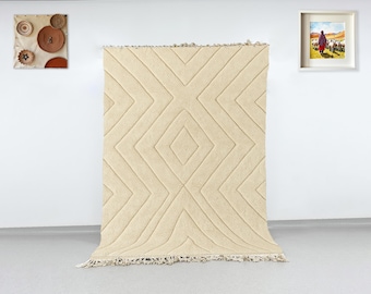 Carved Beni Ourain Rug, Cream Wool Diamond Rug, Moroccan Carpet
