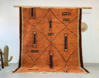 Terracotta Moroccan wool area rug, handmade Beni Ourain boho carpet for living room decor