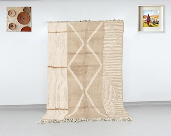 Textured Moroccan Rug, Neutral Beni Ourain Wool Carpet, Handmade High-Low Pile