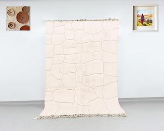 Textured Moroccan Beni Ourain Rug, Organic Cream Wool, Carved High-Low Pile