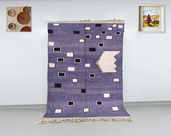 Handwoven Purple Beni Ourain Rug: Abstract Berber Wool Rug