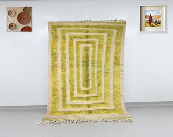 Handwoven Moroccan Berber Rug in Lime Green Wool with Concentric Rectangle Pattern – Plush Shaggy Area Rug for Modern Boho Decor
