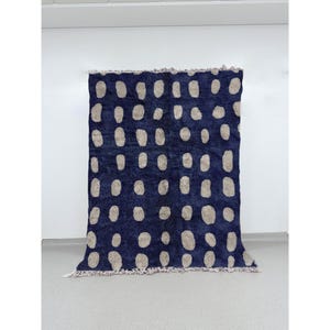 Navy Beni Ourain Wool Rug with Cream Polka Dots, Authentic Hand-Knotted Moroccan Carpet, Berber Shaggy Area Rug for Modern Interiors