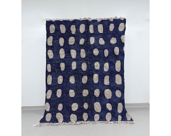 Alfombra de lana Beni Ourain anudada a mano: alfombra bereber marroquí azul marino