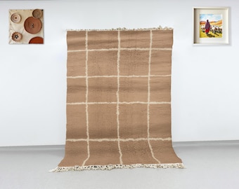 Handmade Beni Ourain Wool Rug: Beige Grid, Berber Woven Decor