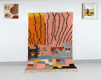 Colorful Abstract Wool Moroccan Rug, Maximalist Shag Carpet