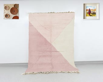 Blush Pink Moroccan Rug, Geometric Beni Ourain, Shag Wool Carpet