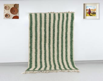 Green Striped Moroccan Rug, Handmade Wool Beni Ourain Carpet