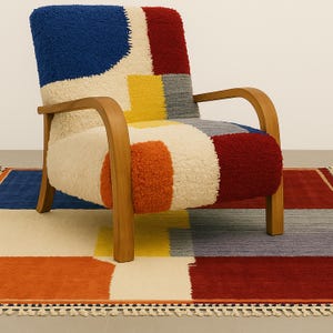 Midcentury Modern Armchair with Berber Wool Upholstery Colorful Color Block Patchwork – Unique Accent Lounge Chair Eclectic Boho Decor