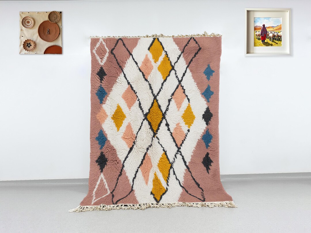 Beni Ourain Wool Rug With Multi Color Diamond Pattern Handmade Moroccan ...