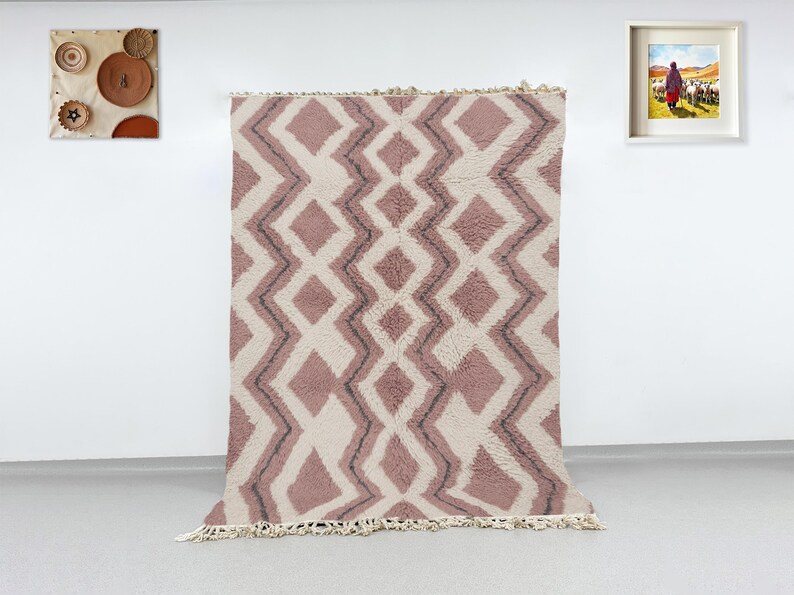 Handwoven Beni Ourain Rug: Mauve Geometric Diamonds, Plush Berber Wool ...