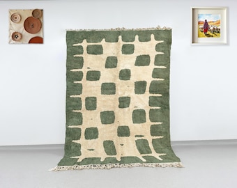 Alfombra Beni Ourain verde tejida a mano: rejilla de lana marroquí de pelo largo