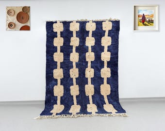 Navy Blue Geometric Beni Ourain Rug Handwoven Authentic Moroccan Berber Wool Column Pattern – Plush Shaggy Area Rug Modern Minimalist Decor