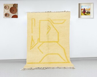 Alfombra Beni Ourain amarilla, moderna alfombra marroquí de lana, geométrica abstracta, minimalista y suave, hecha a mano para sala de estar.