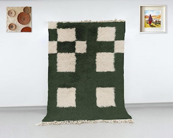 Checkerboard Moroccan Rug, Green and Cream Wool Beni Ourain Carpet