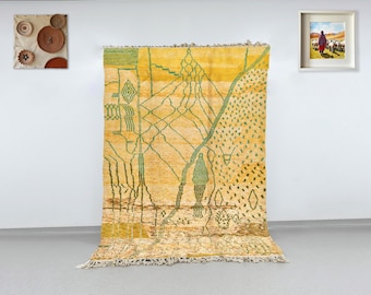 Yellow & Green Tribal Moroccan Berber Rug Handwoven Beni Ourain Natural Wool Abstract Symbols – Plush Shaggy Area Rug Unique Eclectic Decor