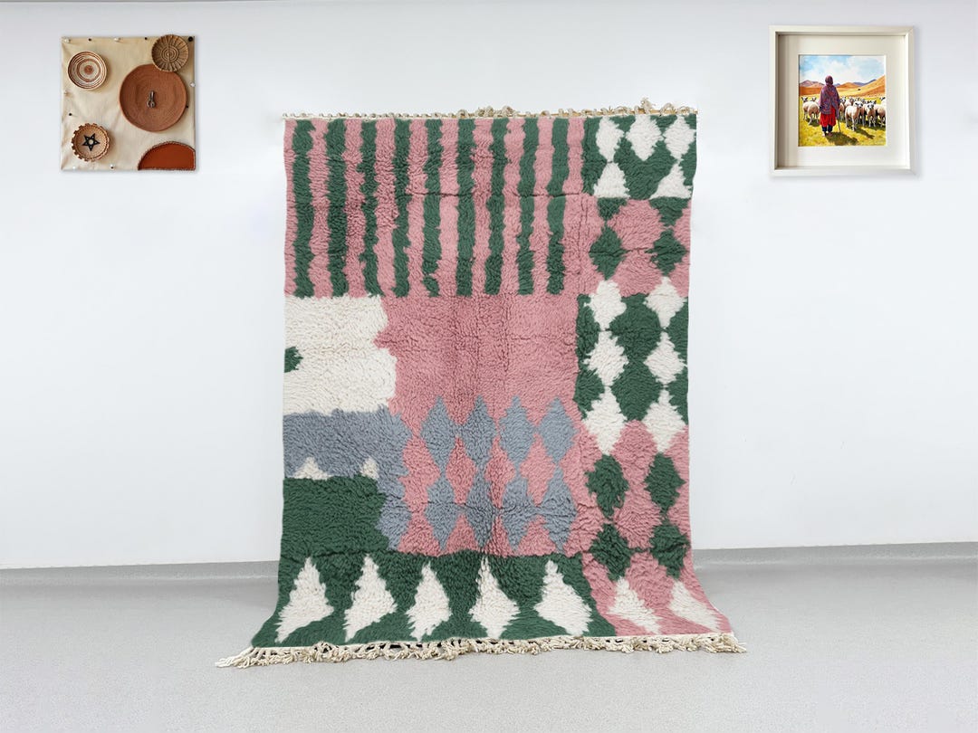 Handwoven Beni Ourain Moroccan Rug Featuring Green and Pink Tribal ...
