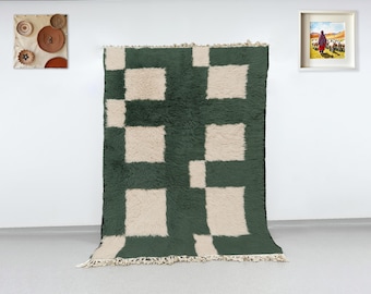 Green Checkerboard Moroccan Rug, Plush Wool Shag, Handmade Beni Ourain Carpet
