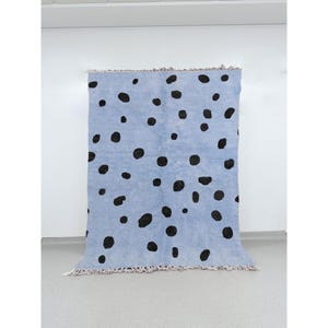 Blue Beni Ourain Moroccan Wool Rug with Black Polka Dots, Authentic Berber Hand-Knotted Carpet, Shaggy Soft Area Rug for Living Room