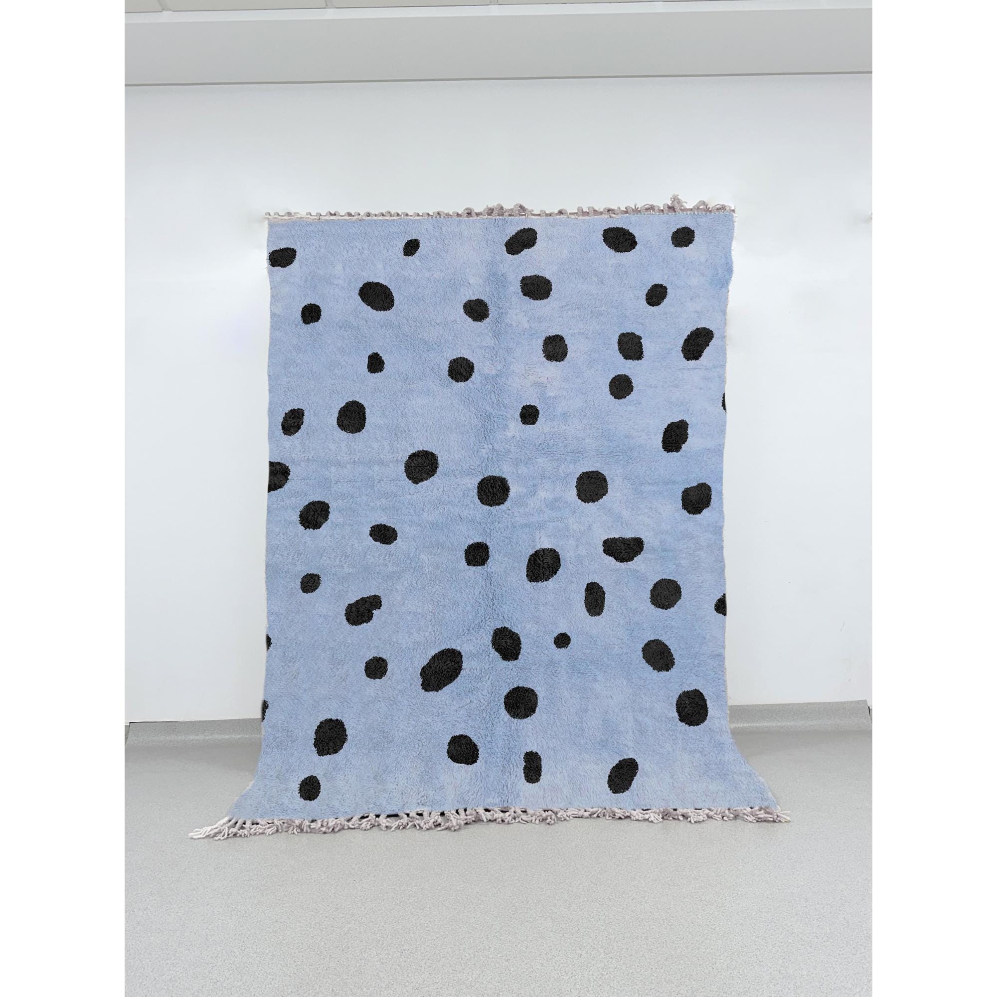 Blue Beni Ourain Moroccan Wool Rug with Black Polka Dots, Authentic Berber Hand-Knotted Carpet, Shaggy Soft Area Rug for Living Room