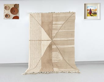 Modern Abstract Moroccan Rug, Beige Cream Wool Beni Ourain Rug