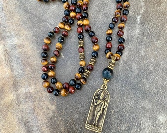 Lakshmi  Gift For Yoga Mom  Boho Necklace  Crystal Jewelry  Goddess Necklace  Tigers Eye Mala Beads  Gift For Yogi  Multicolored Tigerseye