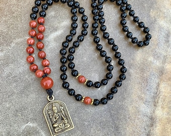 Yoga Gift For Yogi   Men's Boho Necklace   Shiva  The Yogi  Men's Boho Jewelry   Mala Beads  Black Onyx  Red Jasper  Meditation  AAA Quality