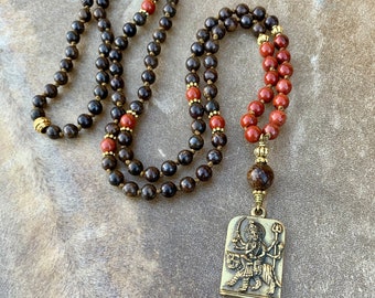 Durga  Boho  Earthy Goddess Mala Beads  Hindu Goddess Necklace  AAA Toffee Bronzite  Red Jasper  Crystal Necklace Grounding Energy The Yogi